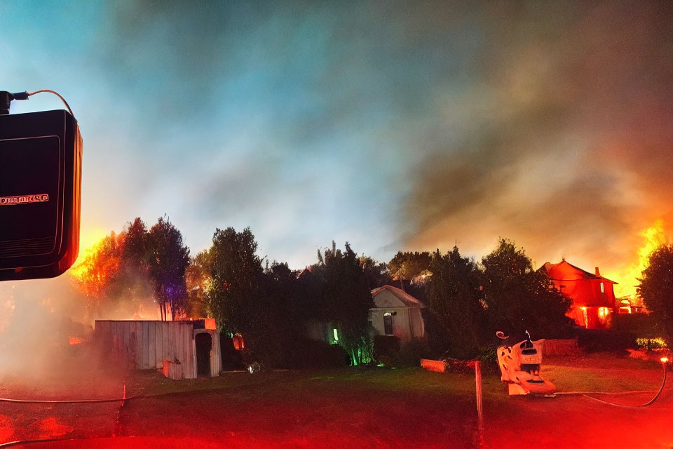 Residential fire at night with bright flames and emergency lights.