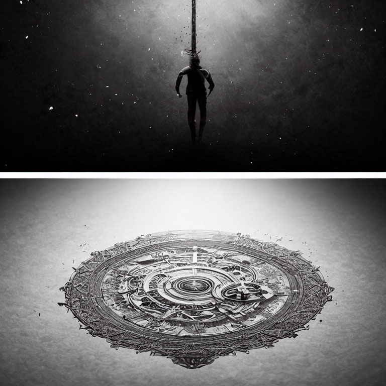 Silhouetted figure diving into intricate circular mandala design