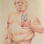 Shirtless man caricature pointing at viewer