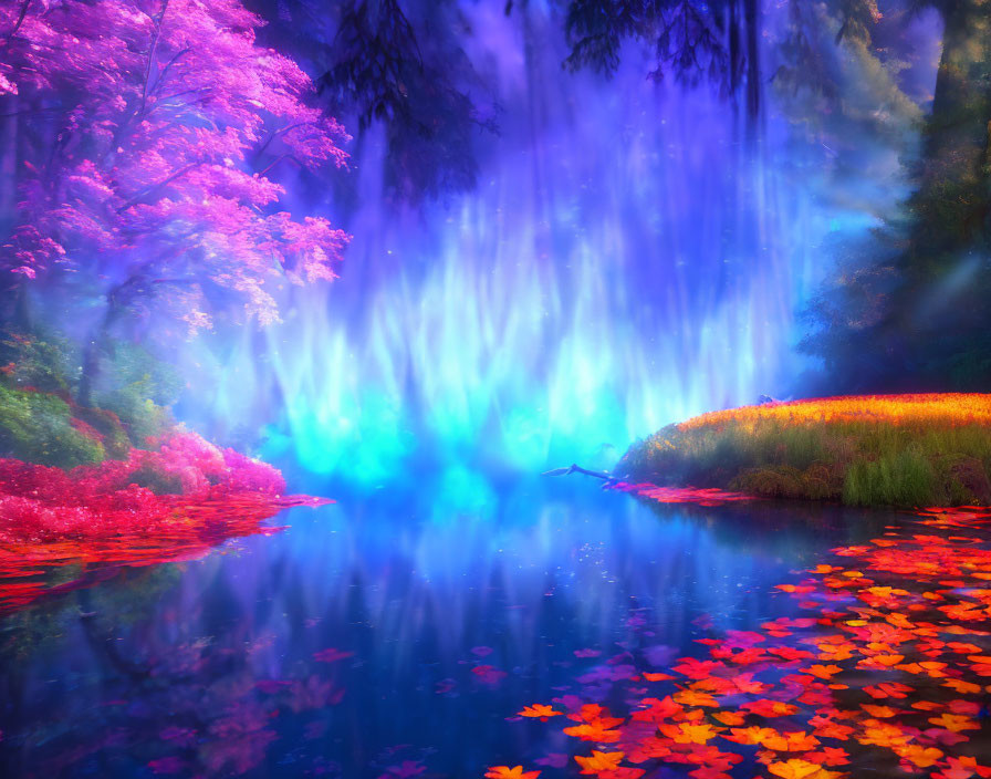 Vibrant pink foliage in mystical forest with serene blue light and autumn leaves on water