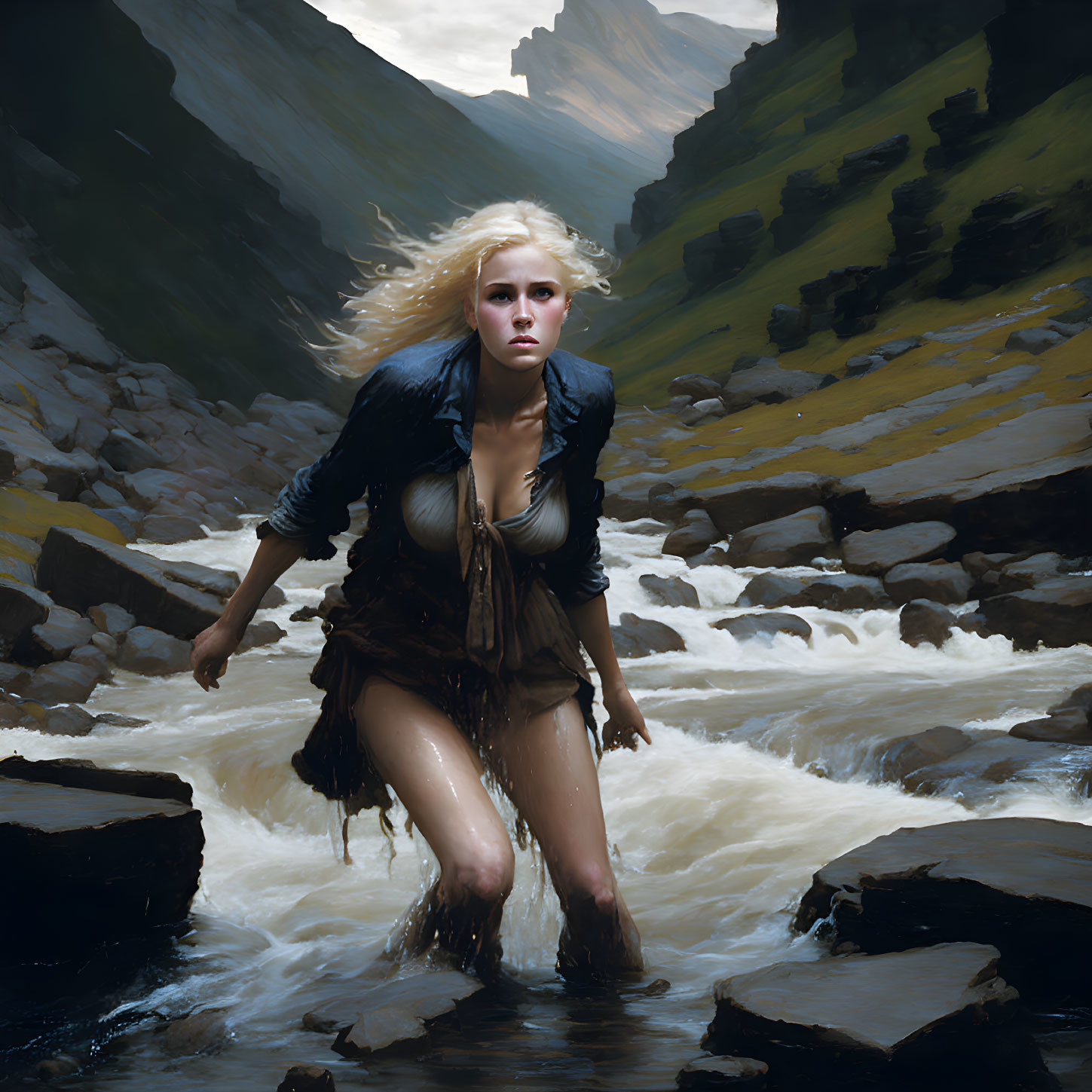 Blonde woman wading in mountain stream with intense expression