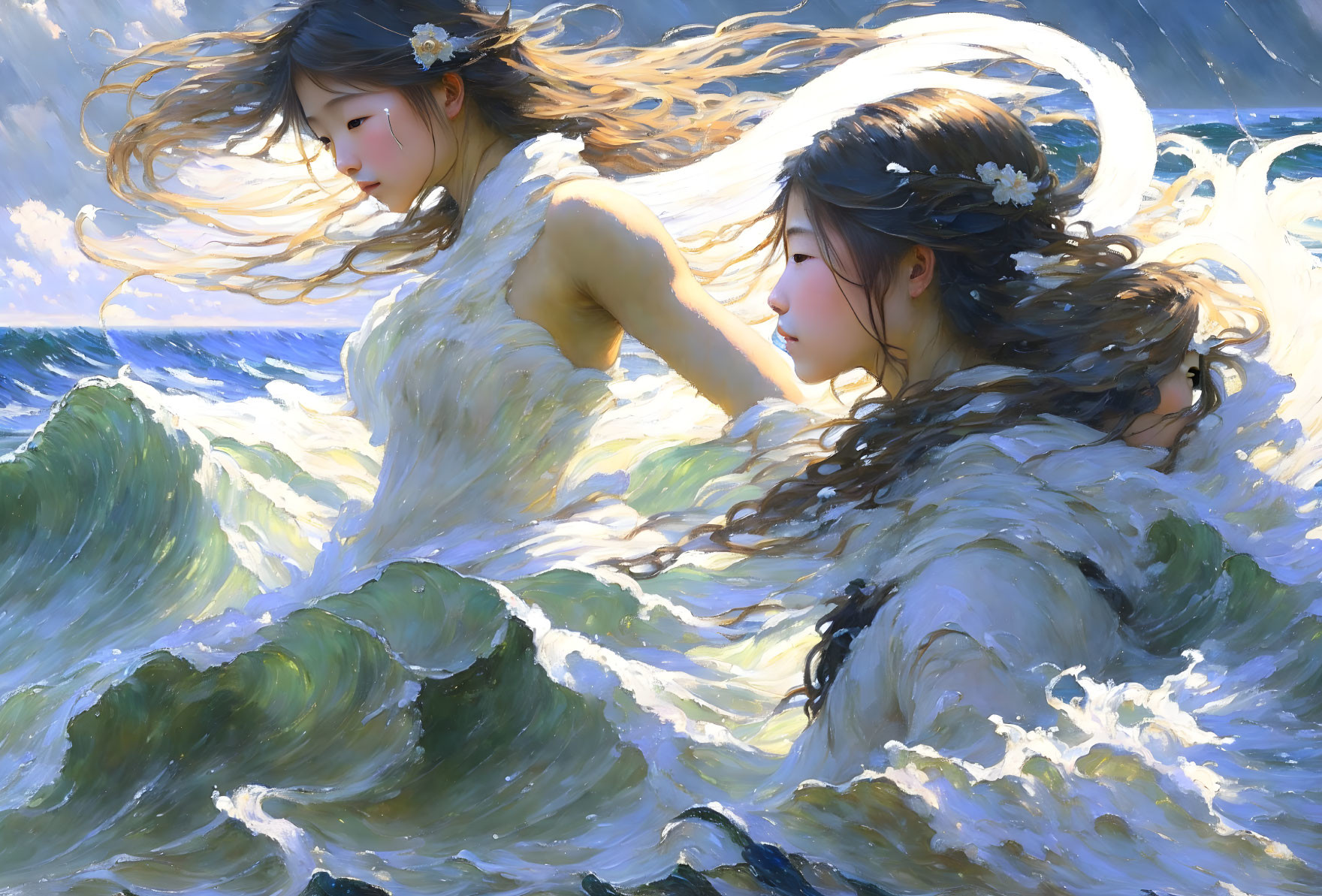 Ethereal women merge with sea waves under gleaming sun