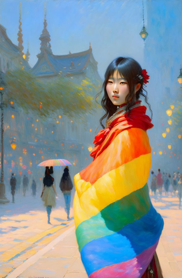 Colorful woman in rainbow shawl on golden-lit street