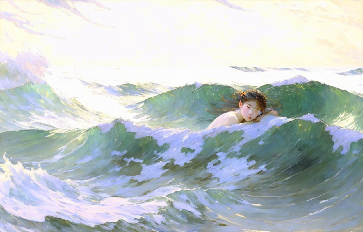 Portrait of person with dark hair in ocean waves under light-filled sky