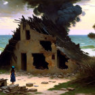 Girl in blue dress near burning building by the sea