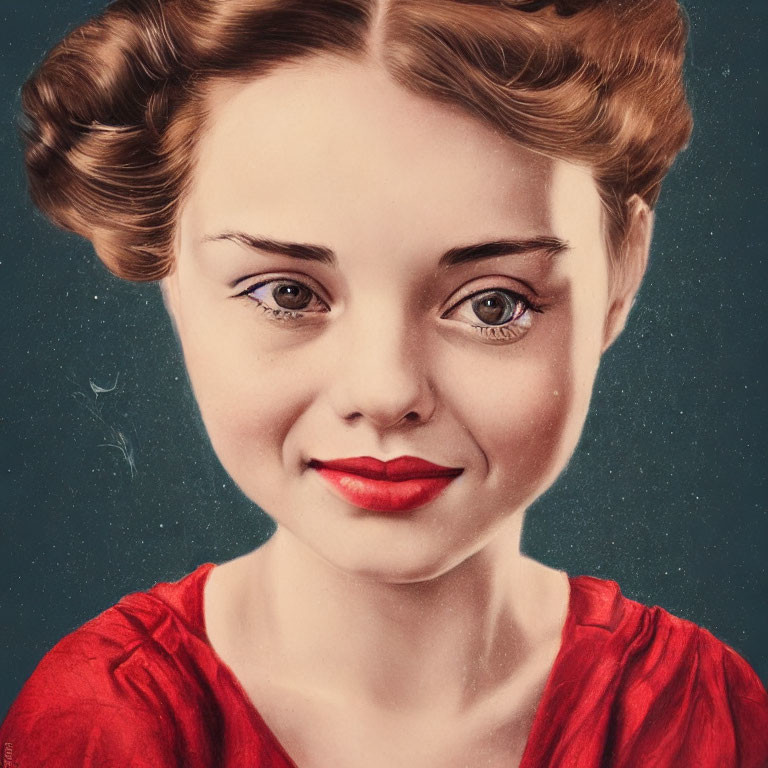 Young woman in vintage-style portrait with old-fashioned hairstyle and red lips on teal background