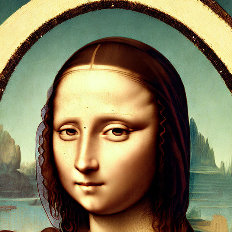 Detailed Close-Up of Mona Lisa's Serene Face Against Landscape Background