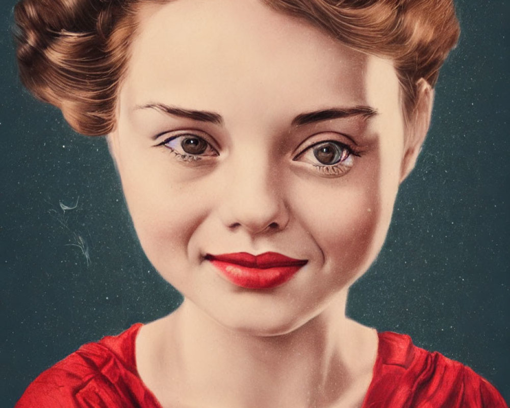 Young woman in vintage-style portrait with old-fashioned hairstyle and red lips on teal background