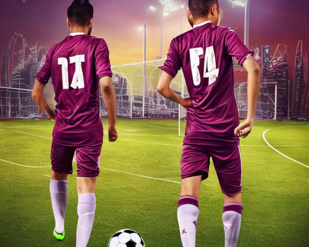 Two soccer players in purple jerseys with numbers 17 and 04, on pitch at city stadium under