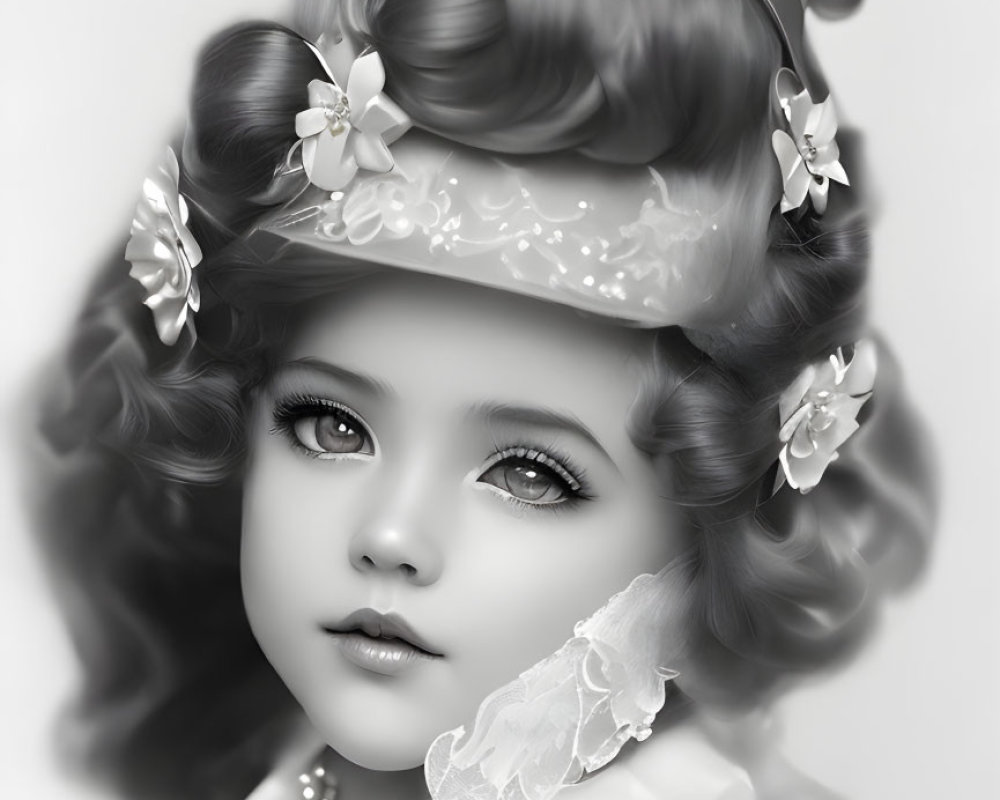 Grayscale portrait of a girl with intricate hair, flowers, crown, expressive eyes, and lace collar