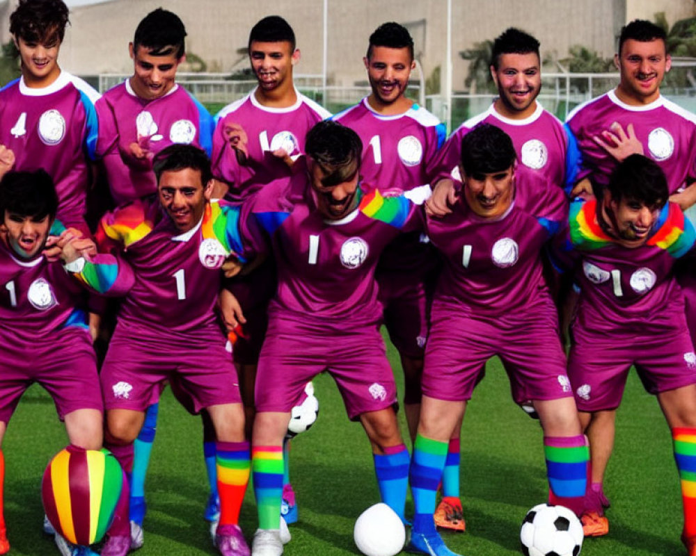 Joyful soccer team in purple uniforms with rainbow balls showcasing teamwork.