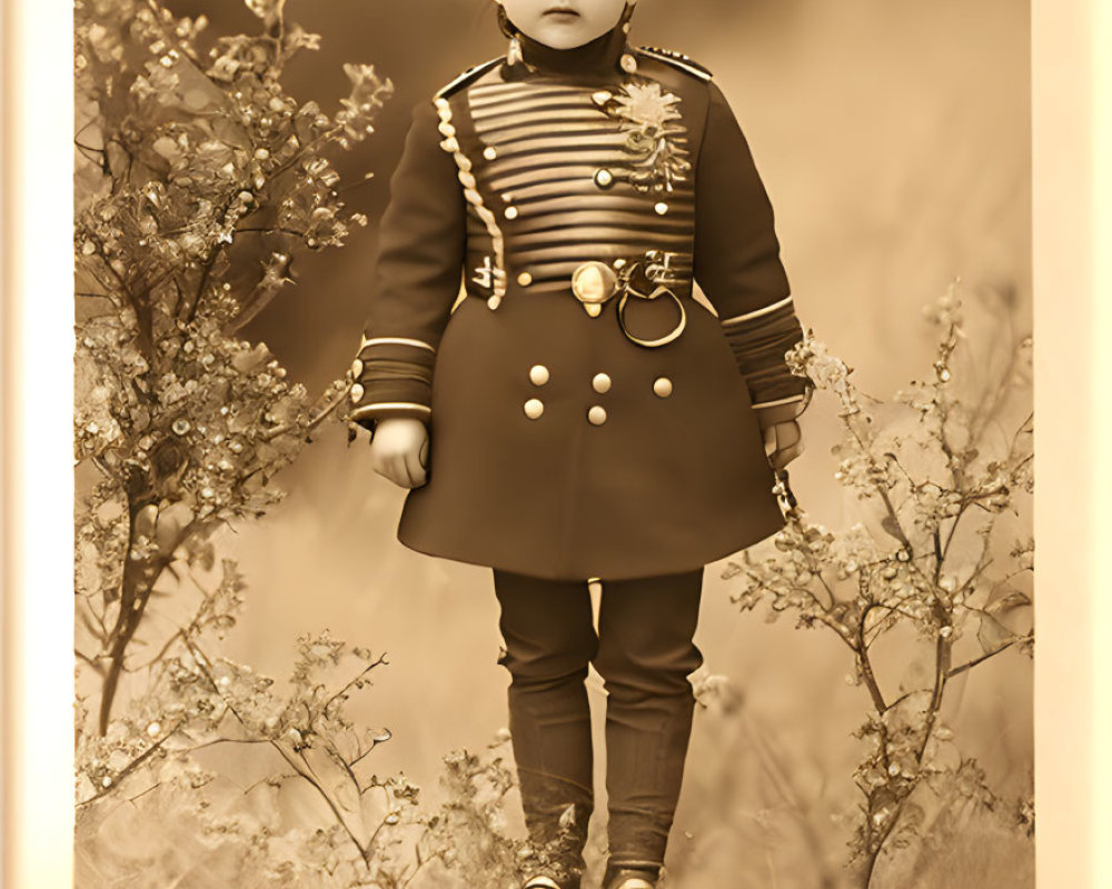 Vintage Military Uniform Child Portrait with Ornate Frame & Flowers