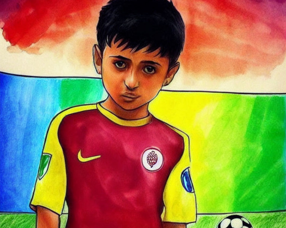 Young Boy in Red and Yellow Soccer Jersey with Soccer Ball in Front of Colorful Background