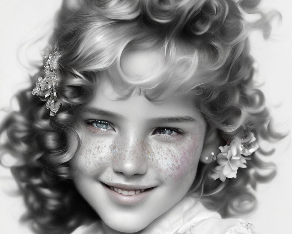 Monochrome portrait of a smiling girl with curly hair and floral accessories