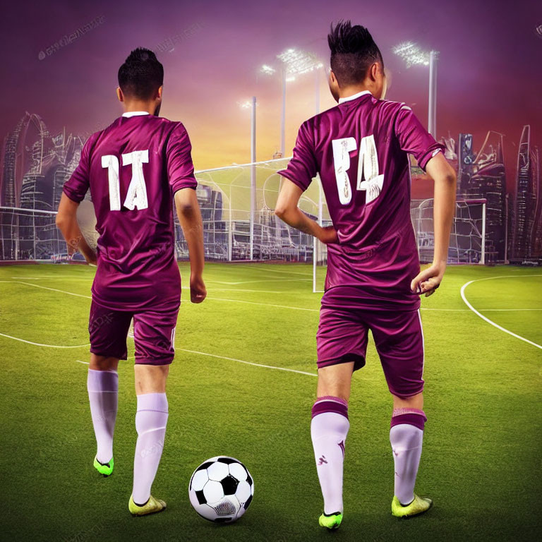 Two soccer players in purple jerseys with numbers 17 and 04, on pitch at city stadium under