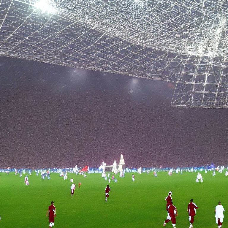 Digitally altered soccer match image with surreal spiderweb overlay and unique lighting effects