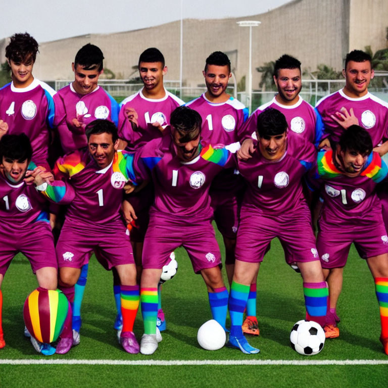 Joyful soccer team in purple uniforms with rainbow balls showcasing teamwork.