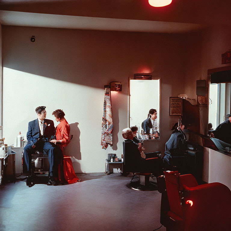 Vintage Barbershop Scene with Woman Styling Hair, Red Chairs, Mirrors, Warm Ambiance