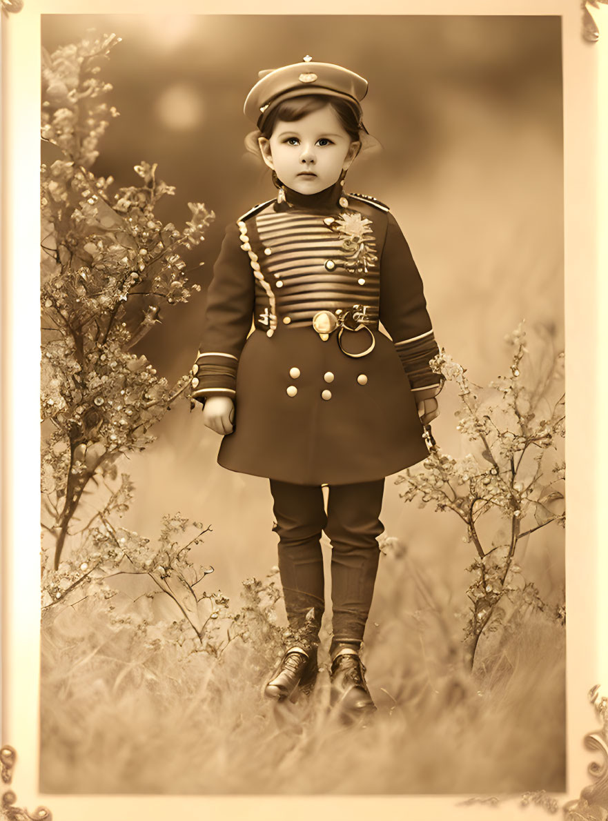 Vintage Military Uniform Child Portrait with Ornate Frame & Flowers