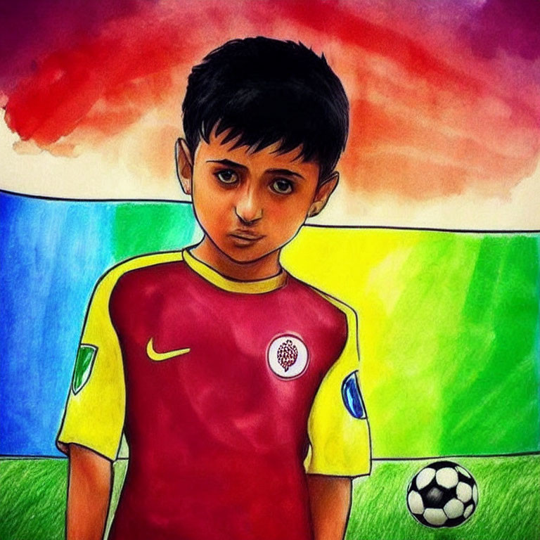 Young Boy in Red and Yellow Soccer Jersey with Soccer Ball in Front of Colorful Background