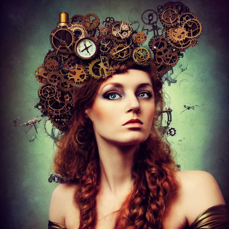 Woman with Steampunk Gear Headpiece in Thoughtful Pose