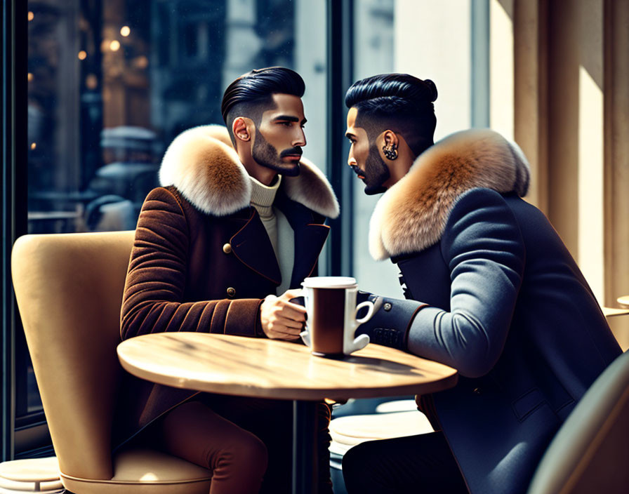 Fashionable men in fur-collared coats at cafe table with coffee cup, large window backdrop