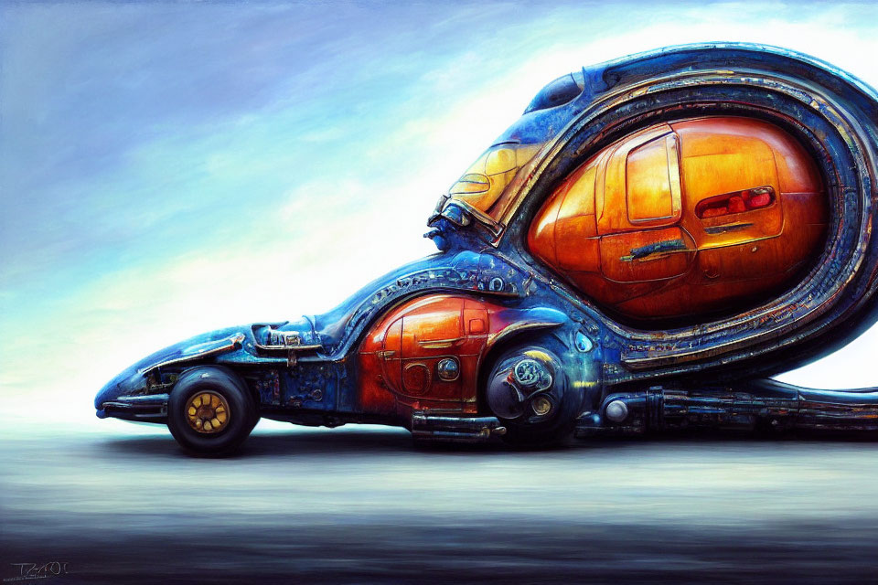 Surreal painting of car with snail-shell structure in vibrant colors