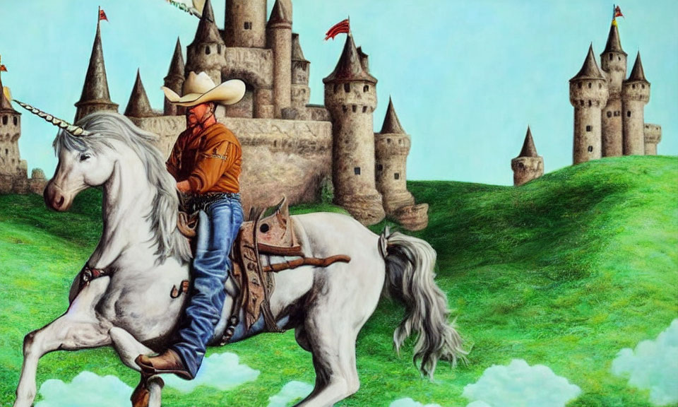 Cowboy riding unicorn in front of fantastical castle landscape