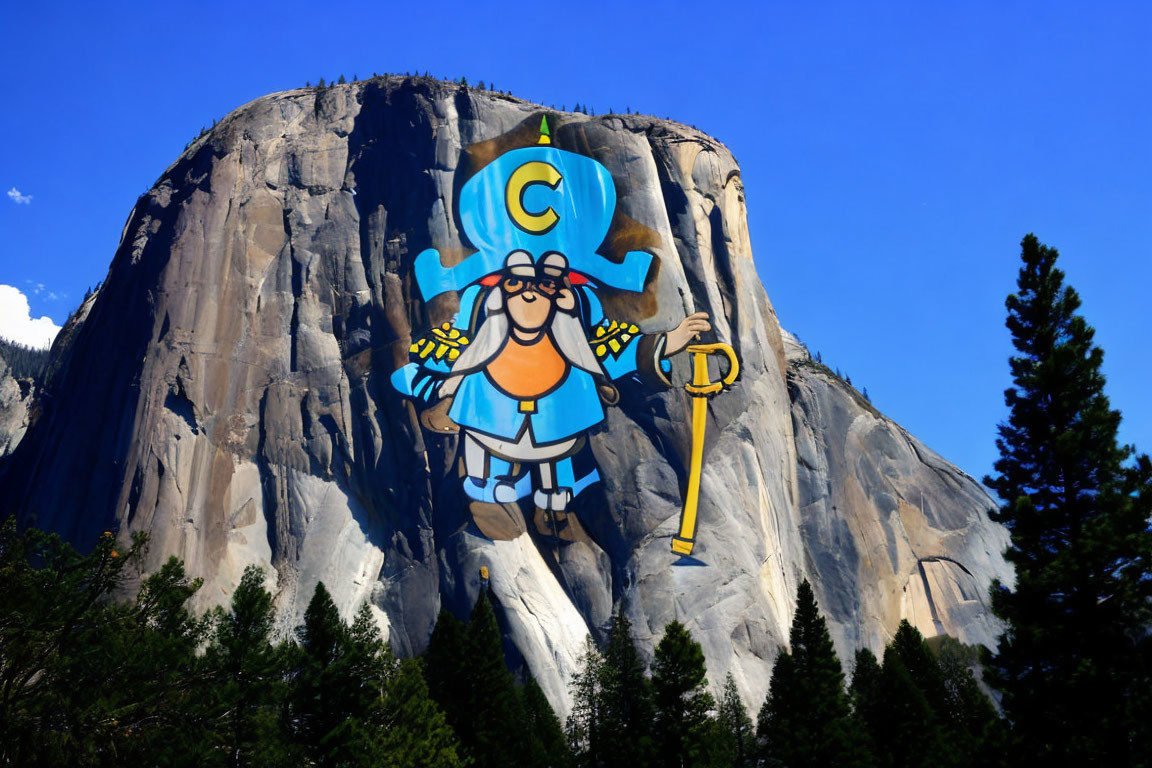 Cartoon character in climbing gear on cliff background