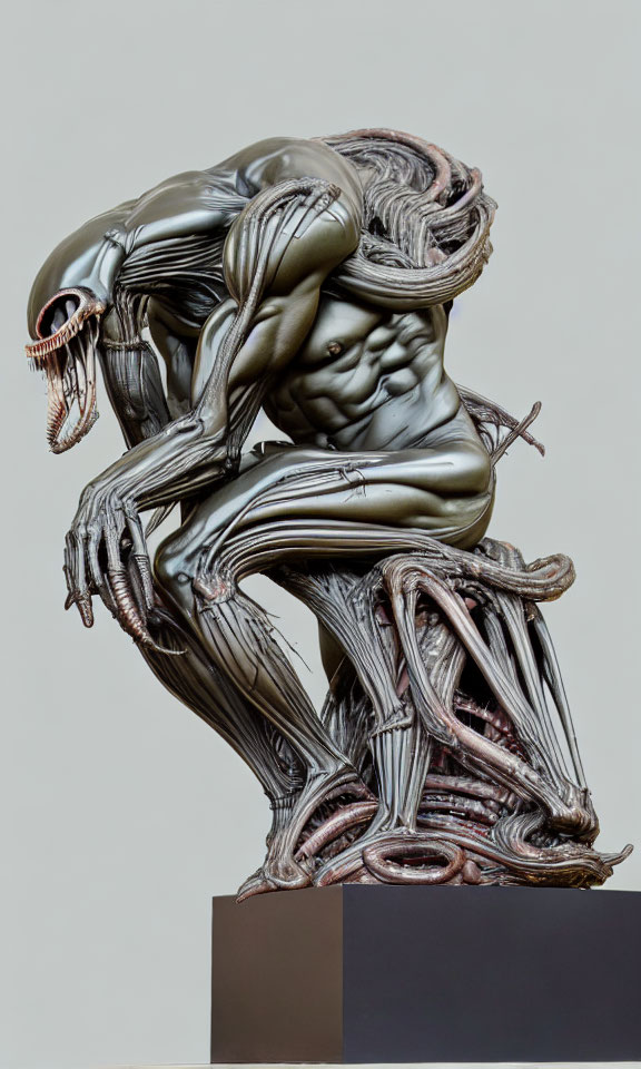 Sculptural art piece of humanoid figures with elongated limbs in metallic finish