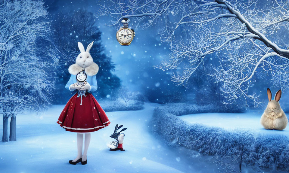 Whimsical winter scene with human-sized rabbit, small rabbit, and floating clocks