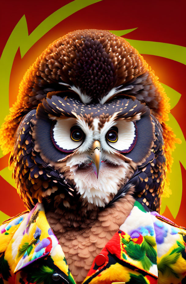 Colorful Owl Artwork with Large Eyes and Patterned Outfit on Red Background