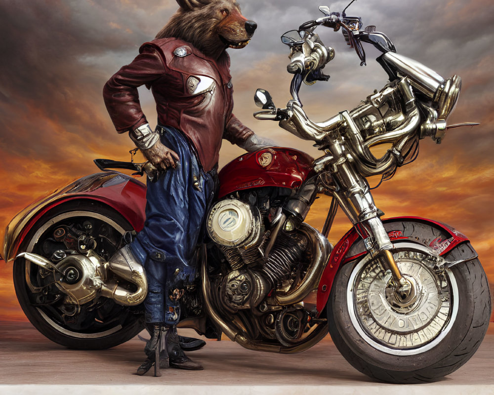 Anthropomorphic raccoon in red leather jacket next to custom motorcycle