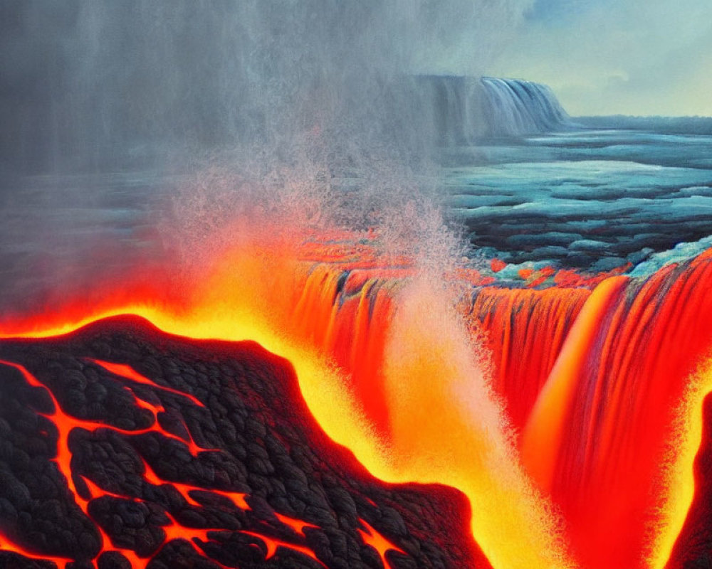 Volcanic landscape with lava cascading over cliffs and waterfalls