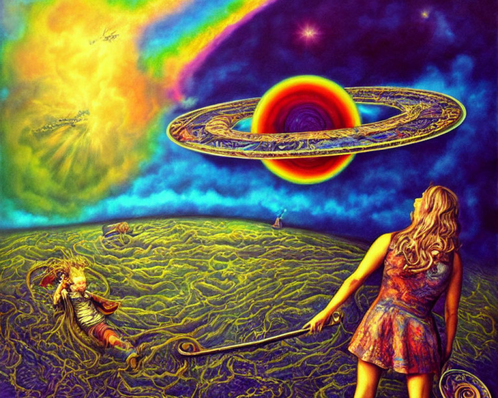 Colorful surreal landscape with woman, cosmic ring, winged creature, and intricate terrain