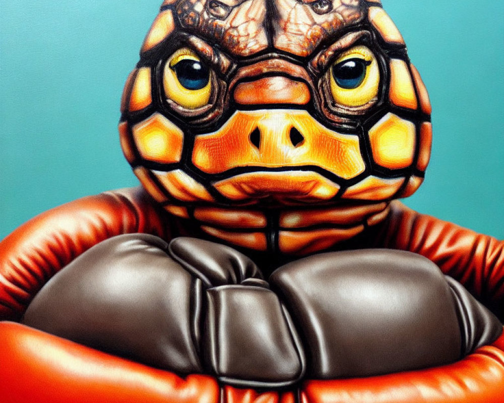 Determined turtle with boxing gloves on teal background