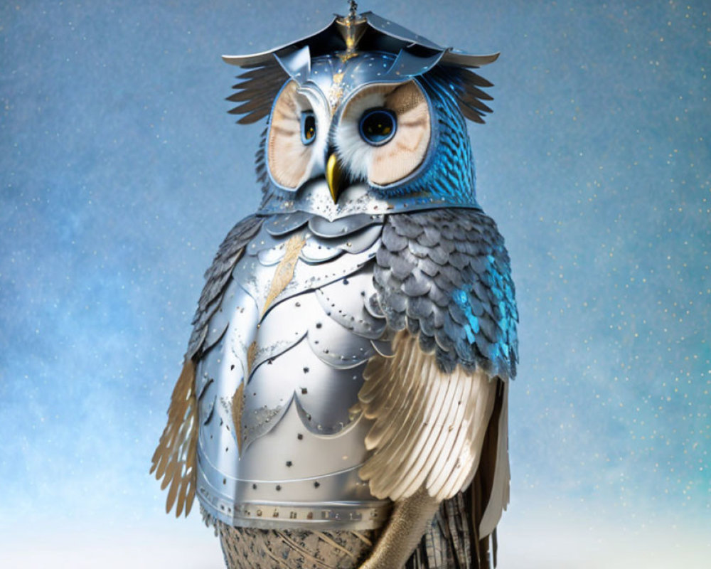 Intricate Metalwork Owl Sculpture Against Starry Background