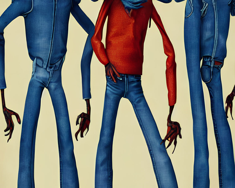 Anthropomorphic insect characters in denim attire on beige backdrop