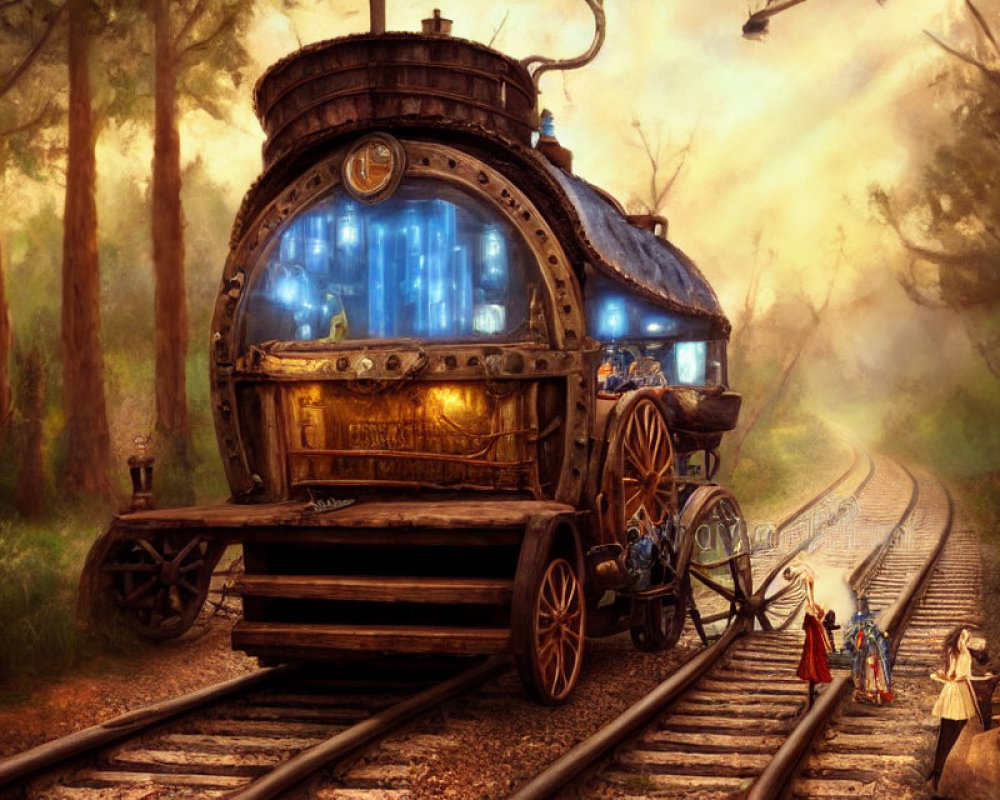 Fantastical steam locomotive with glowing blue windows in enchanted forest