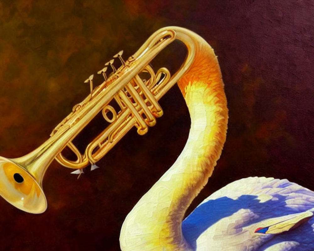 Trumpet transforming into swan with merged bell and valves, warm background