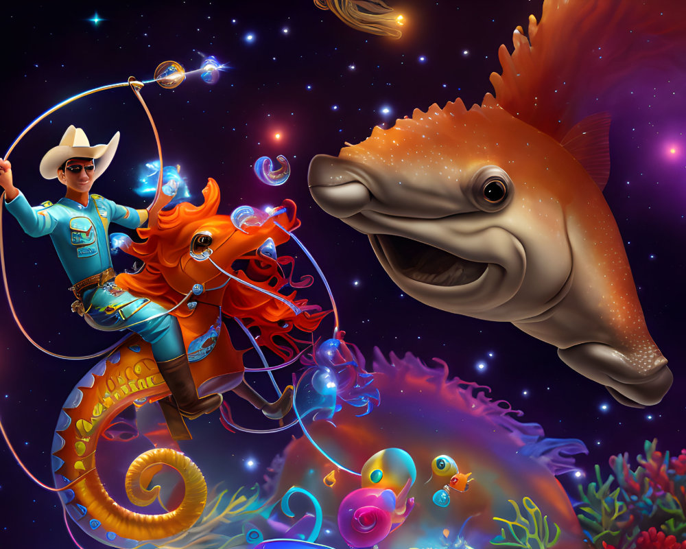 Colorful space cowgirl lassoing bubbles with giant smiling fish in cosmic background