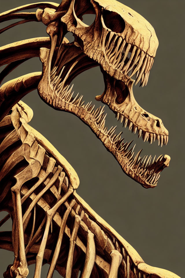 Detailed view of Tyrannosaurus rex skeleton with skull, teeth, and ribcage on neutral