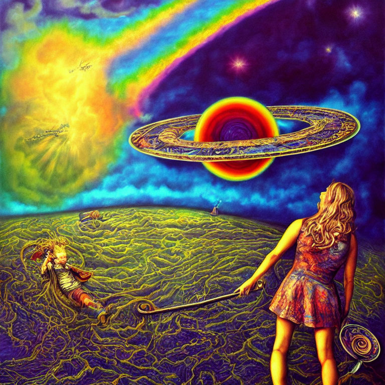 Colorful surreal landscape with woman, cosmic ring, winged creature, and intricate terrain