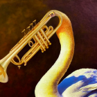 Trumpet transforming into swan with merged bell and valves, warm background