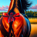 Shiny-coated horse with red bow in scenic landscape