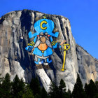 Cartoon character in climbing gear on cliff background