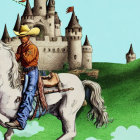 Cowboy riding unicorn in front of fantastical castle landscape