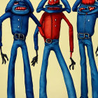 Anthropomorphic insect characters in denim attire on beige backdrop