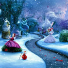 Whimsical winter scene with human-sized rabbit, small rabbit, and floating clocks