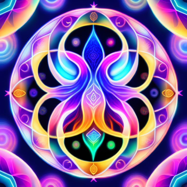 Symmetrical neon digital art with flame-like center